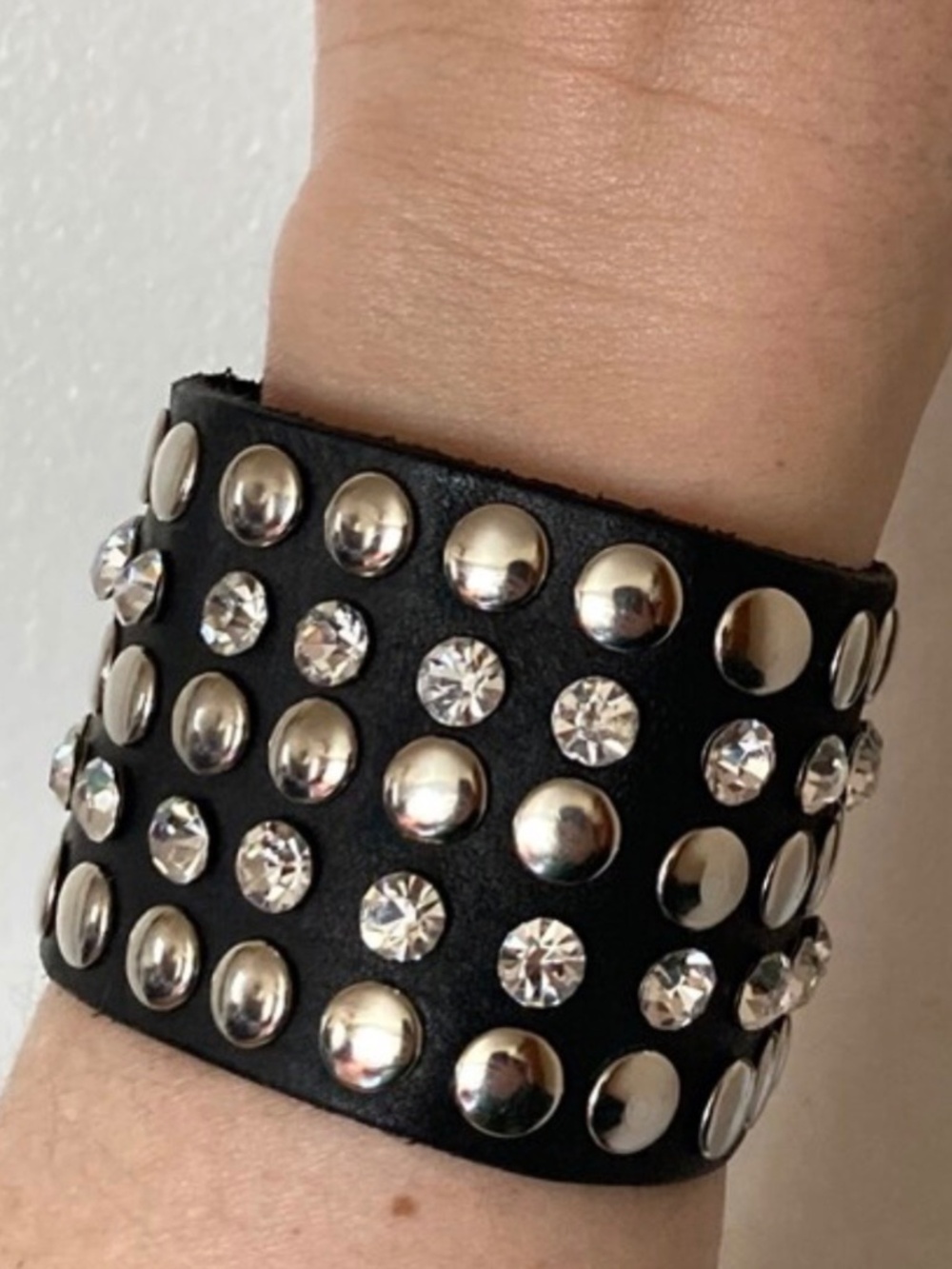 VINTAGE Y2K Black Leather Rhinestone Studded Cuff Adjustable Bracelet